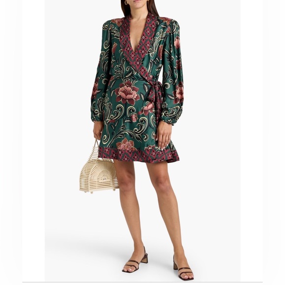 FARM Rio Dresses & Skirts - Farm Rio Arabesque Wrap Dress Green with Burgundy Trim Size Medium